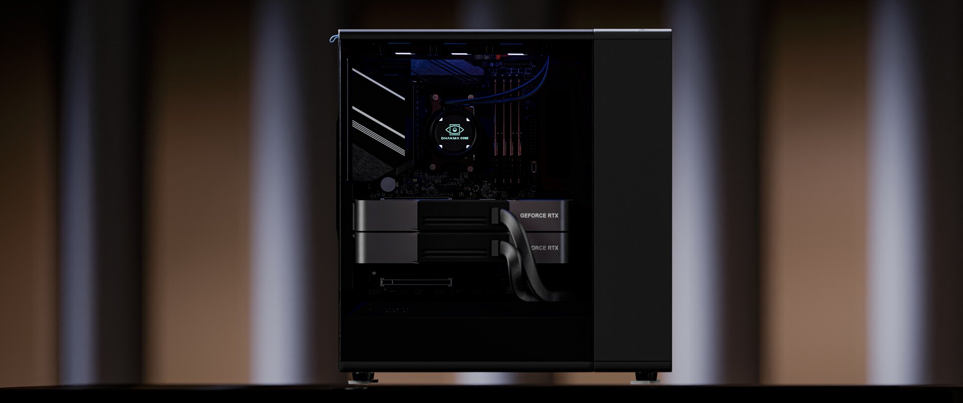 Dhakma Core — side view showing glass panel, dual RTX GPUs, and custom cooling